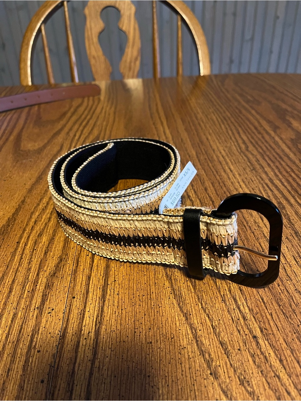 Woven Natural and Black womens Casual Belt with Black Buckle